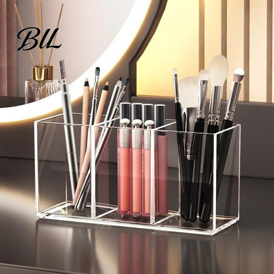 Organized Vanity Accessories Transparent Acrylic Makeup Brush Organizer, Multi-Compartment Storage Bin, Modern Stable Plastic Cosmetic Display