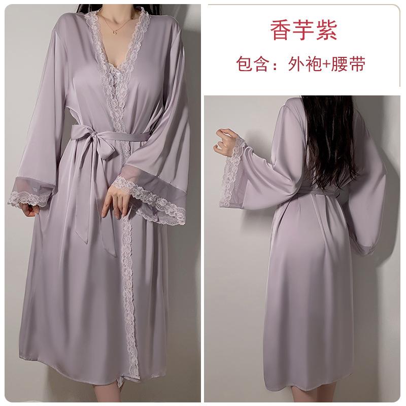 Underwear Pure Desire Silky Satin Lace Hot Deep V Plus Chest Pad Nightdress Robe Women's Suit