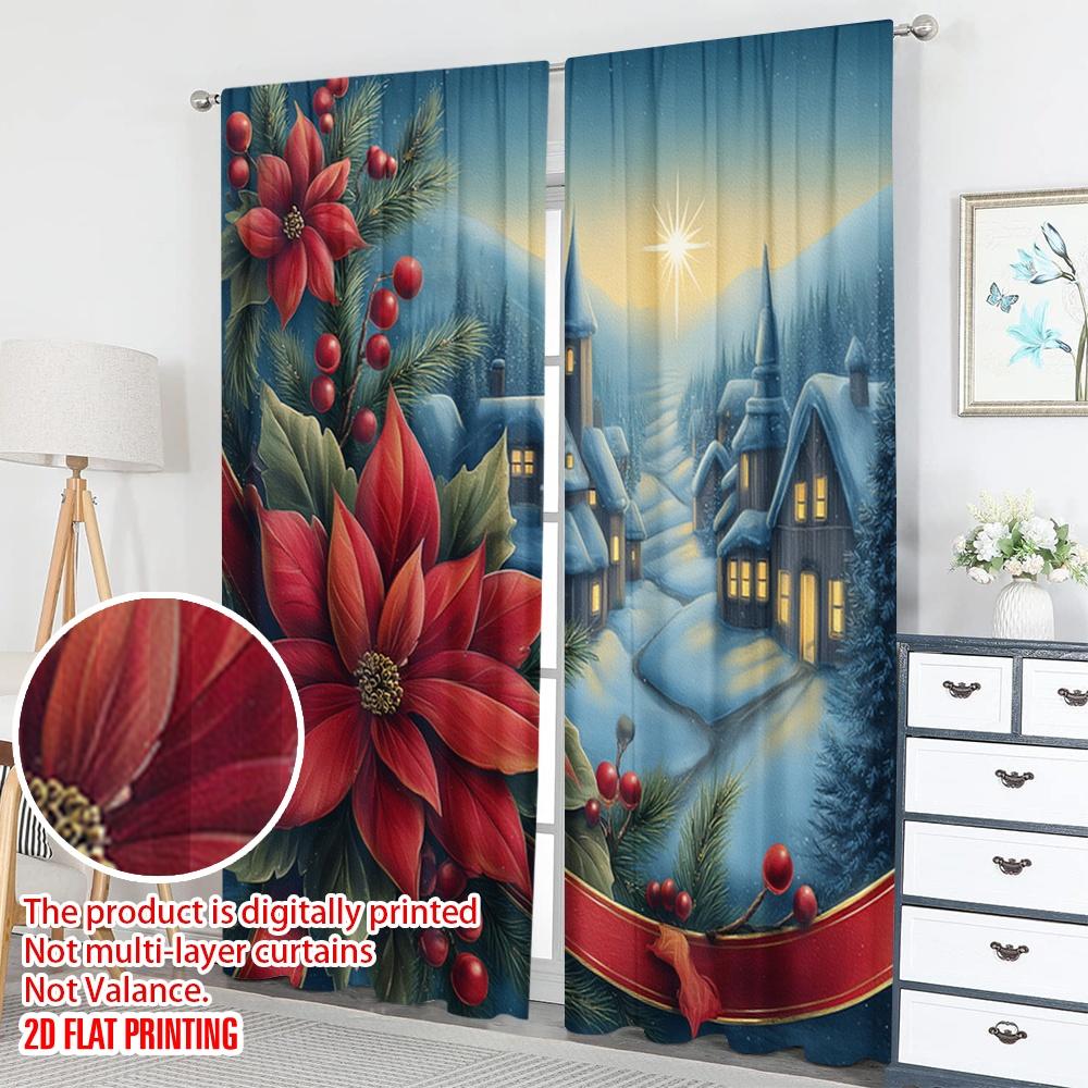 2pcs 2D flat printing Popular Christmas curtains Christmas Village Poinsettia Holly Digital Printed Polyester Drapes Birthday