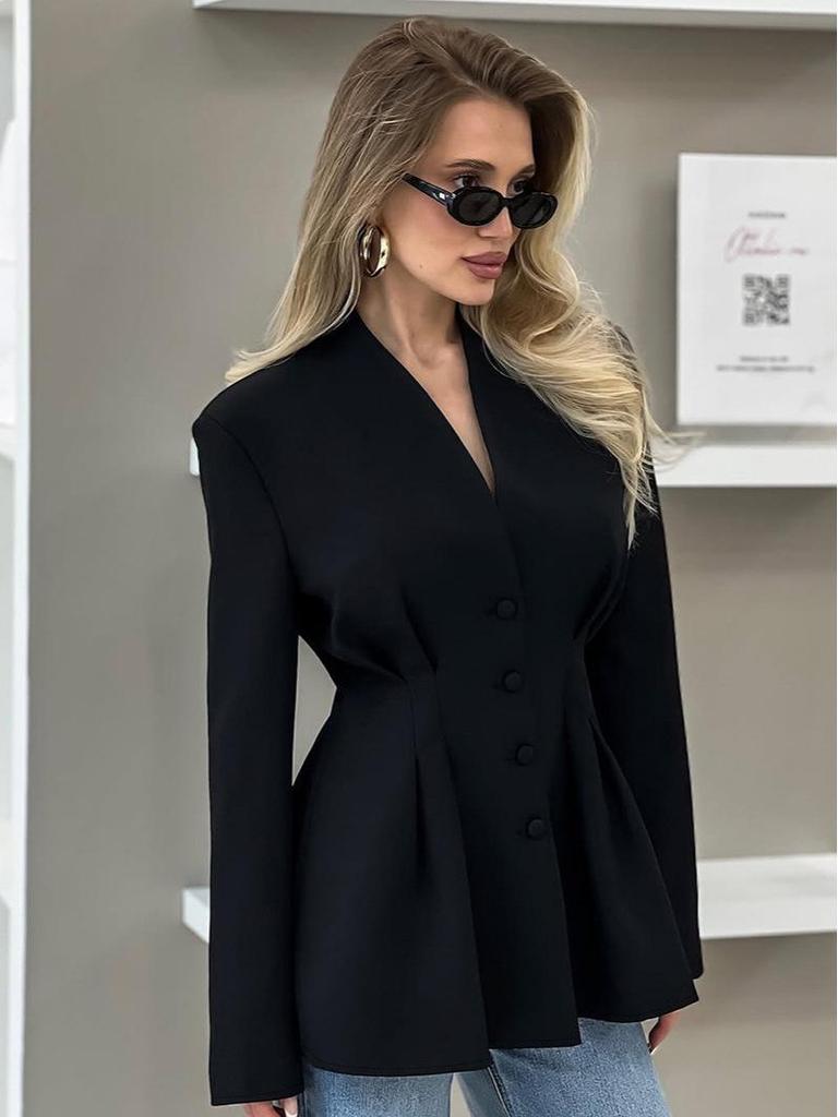 2026 Autumn/Winter V-neck Long-sleeved Buttoned Waist-Cinching Suit Jacket