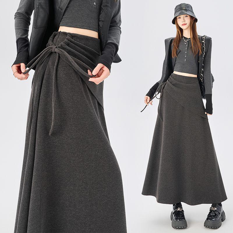 2025 New Design Women's Irregular Gray Woolen A-Line Tie-Up Long Skirt for Autumn/Winter