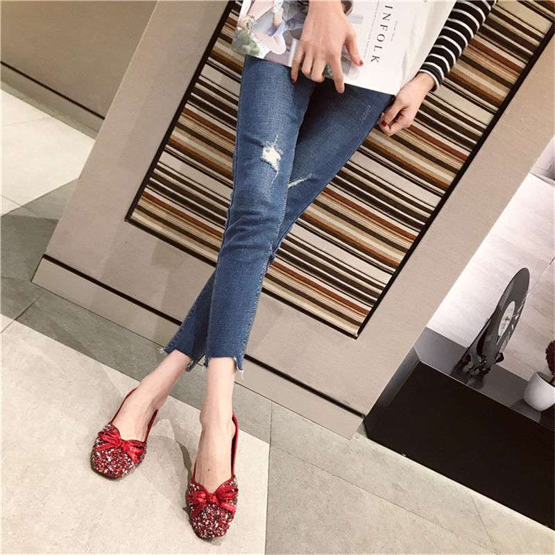 2025 spring new wedding shoes toasting shoes Korean version sequined red four-season single shoes square head large size women's shoes flat shoes