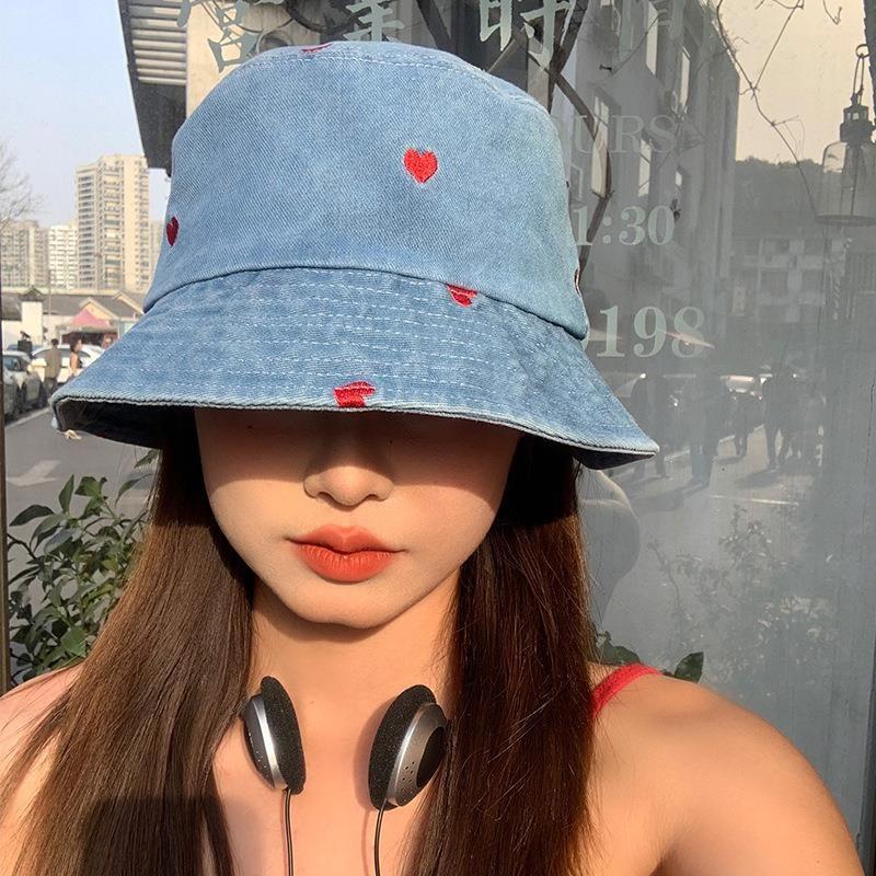 RICYGVM Embroidered Cherry Fisherman Hat for Women Cowboy Hats Korean Girls Blue Denim Bucket Cap Fashion Sunshade Basin Caps