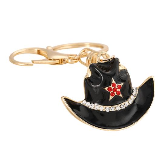 

Keychain Pendant Sparkling Rhinestones Five-Pointed Star Pattern Western Style Cowboy Hat Design Key чорний