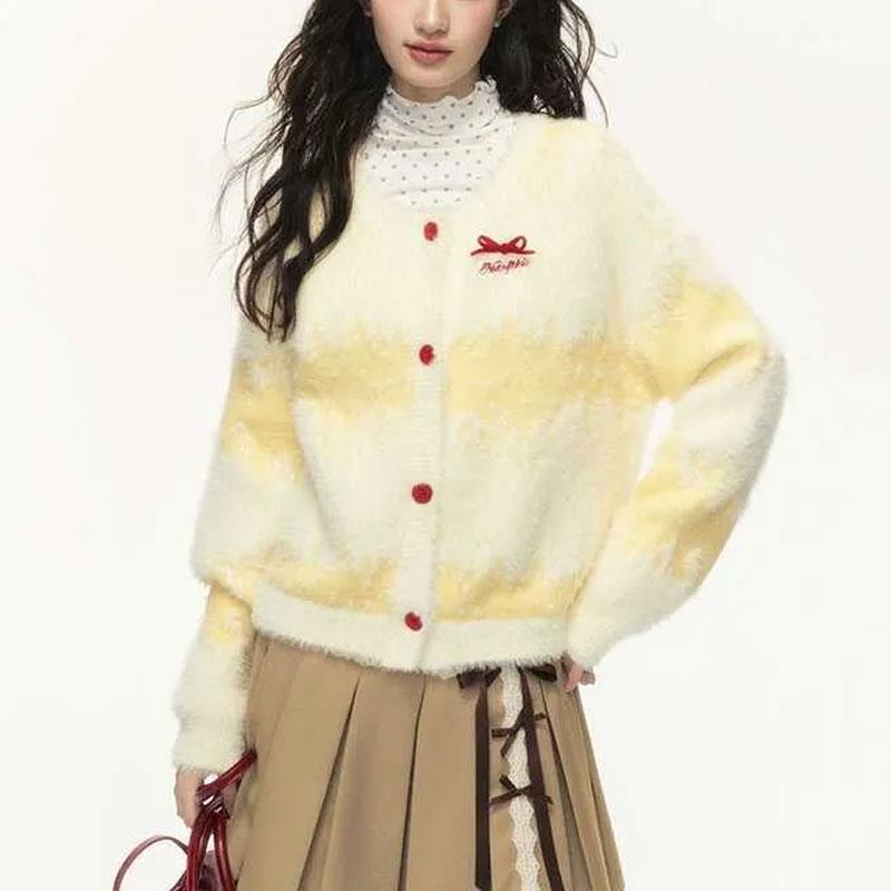

Fashionable Bow Sweet Gradient Sweaters Female Clothing Casual Striped Autumn Winter Round Neck Loose Korean Knitted Cardigan S жёлтый