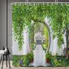 Green Leaf Courtyard Shower Curtain Chinese Style Summer Scenery Arch Flower Plant Vine Bathroom Decoration Polyester Waterproof