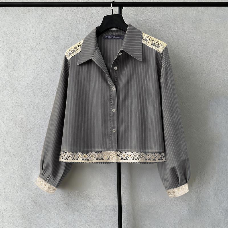 

ZANZEA Женская повседневная блузка в полоску с отложным воротником и длинными рукавами 2XL чёрный