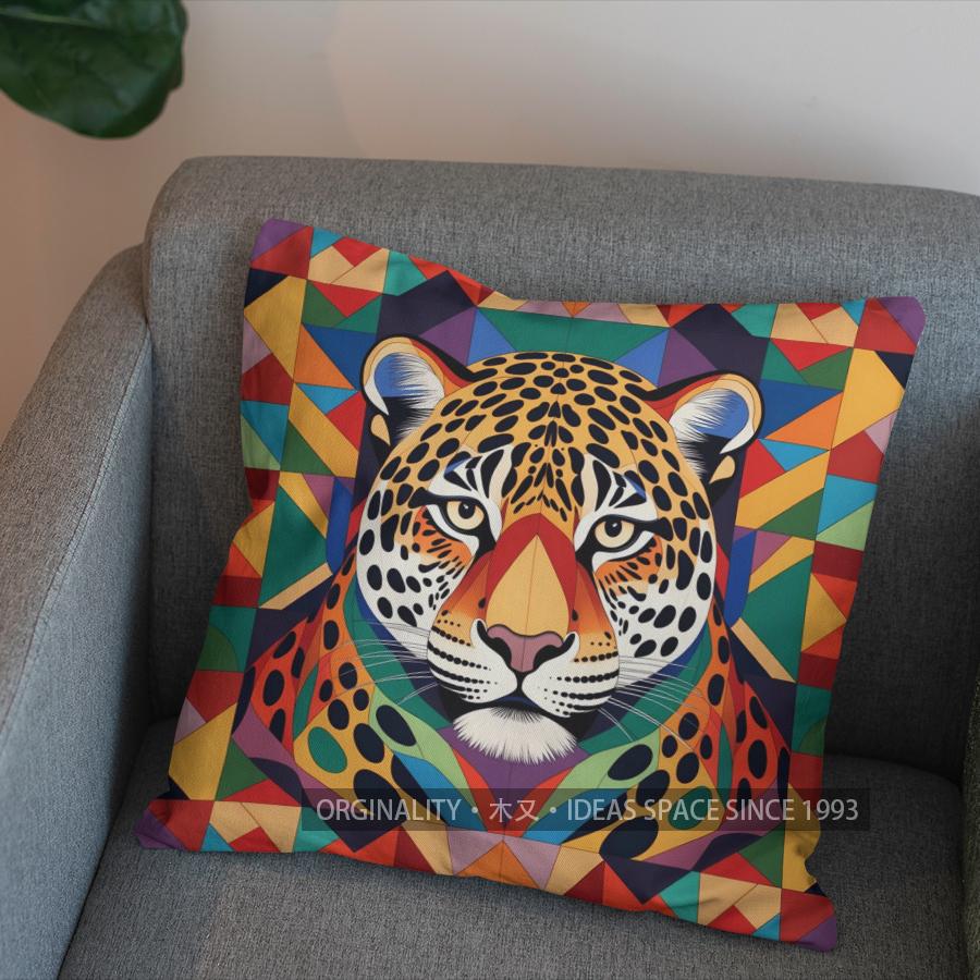 2D Jaguar Faces With Ethnic Pattern Pillow Cover Pattern Cushion Cover Suitable For Sofa Bedroom Car Pillow Cover