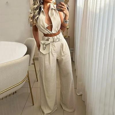 Damen Zweiteiliges Hosen-Set Uni Revers V-Ausschnitt Ärmellos Hohe Taille Tasche Weitbeinige Hose