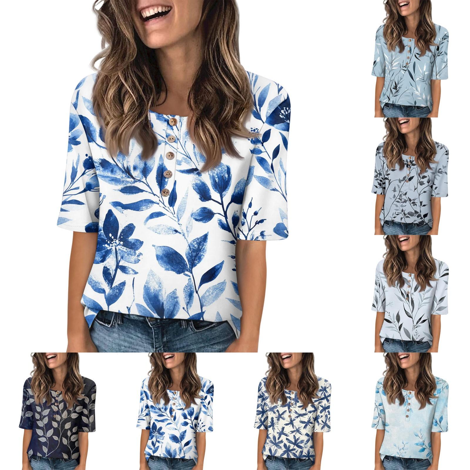 

Women s Fashion Printed Round Neck Button Half Sleeve Casual Top L бежевый