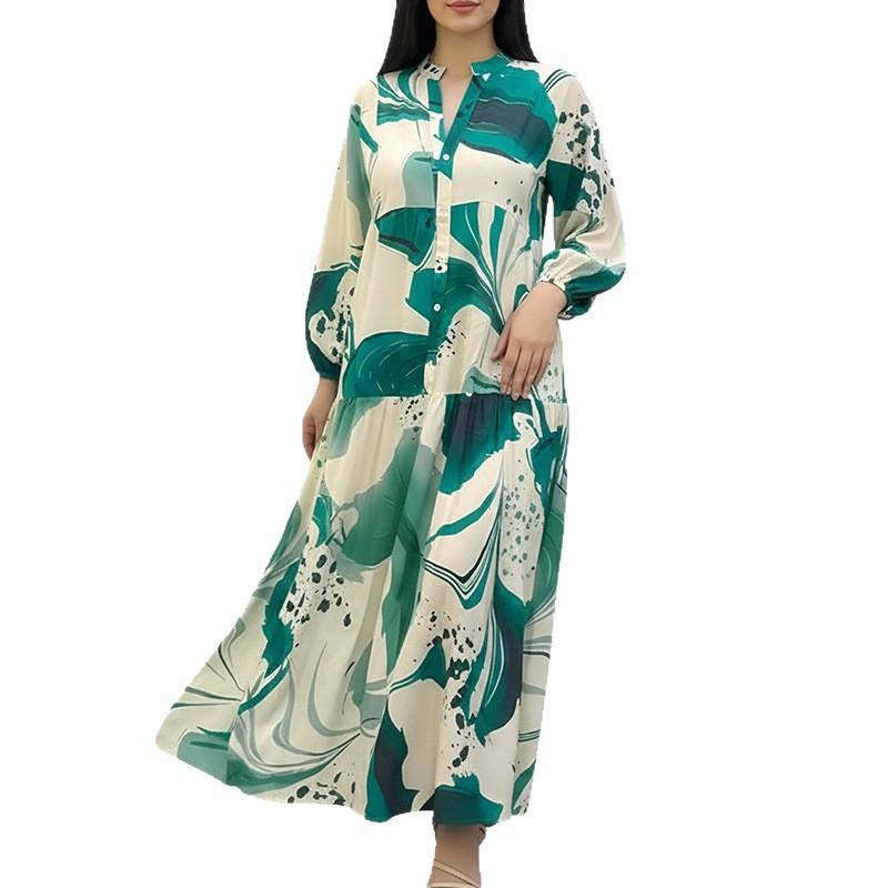 Womens Loose Floral Print Long Sleeve Wrap Dress With Lantern Sleeves High Waist A-Line Midi Casual Elegant