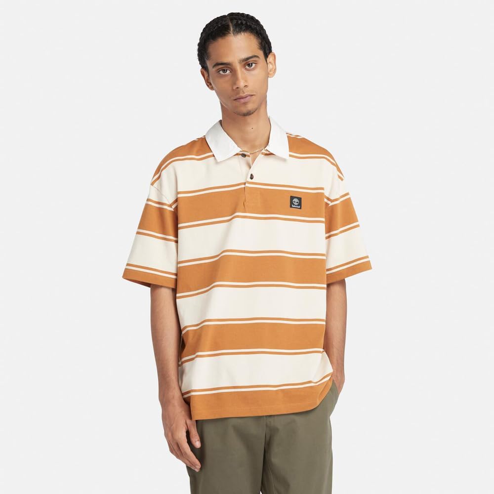 Timberland Men's Short Sleeve Striped Rugby Polo Shirt, Wheat Boot, Size S (TB0A42E5P501)