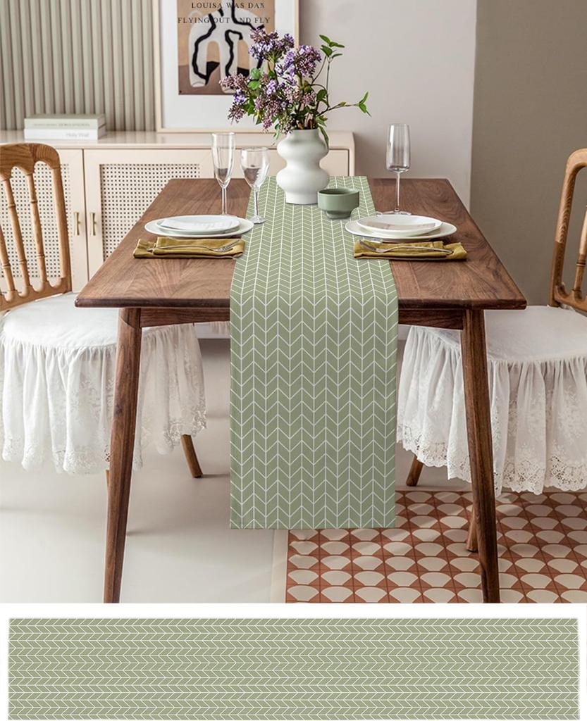 Sage Green Geometric Linen Table Runner Dresser Scarf Table Decor Modern Geometric Stripes Table Runners for Holiday Party Decor