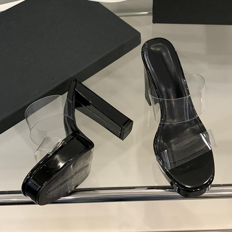PVC Transparent Slippers For Woman Platform High Heels Sandals Summer Fashion Square Toe Party Prom Women Shoes Size 35-41