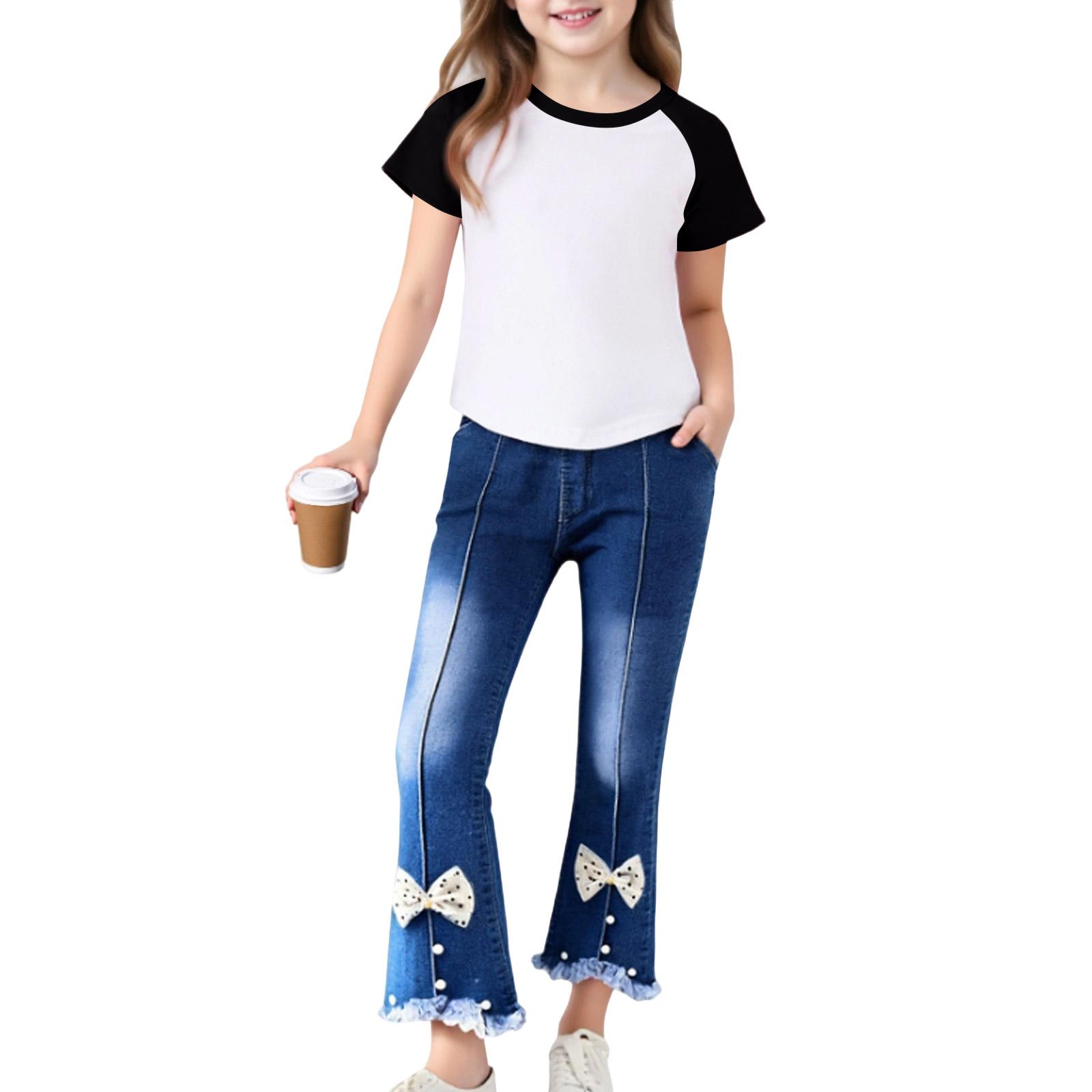 Girls  Raglan Tee Set -Short Sleeve & Jeans Outfit 100 чёрный