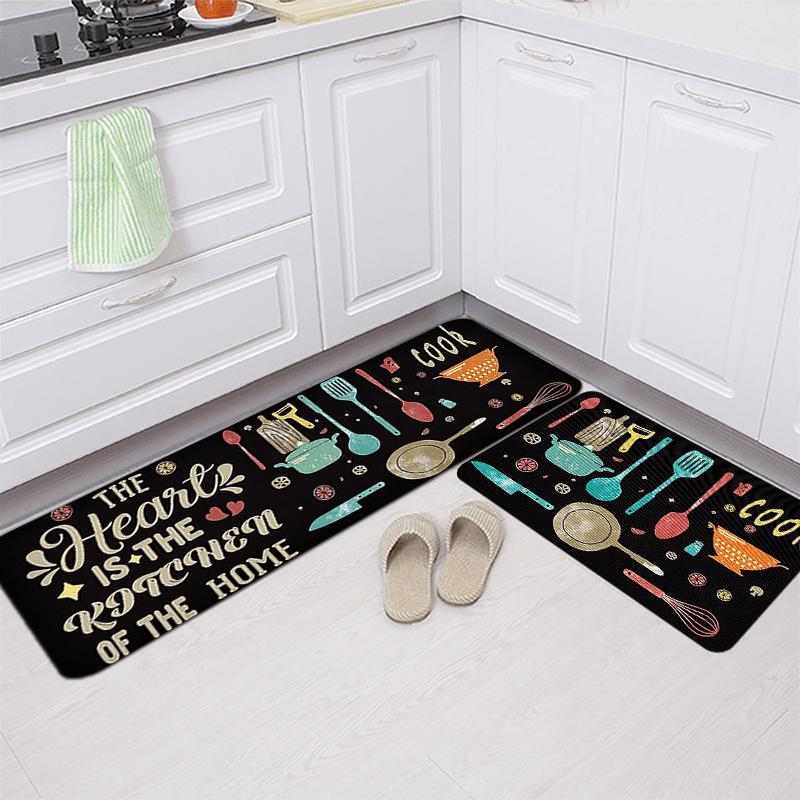 American Retro Kitchen Carpet Mat Rug Soft Washable Non-slip Floor Mat Vintage Utensil Pattern Ideal for L-shaped Kitchen Rug