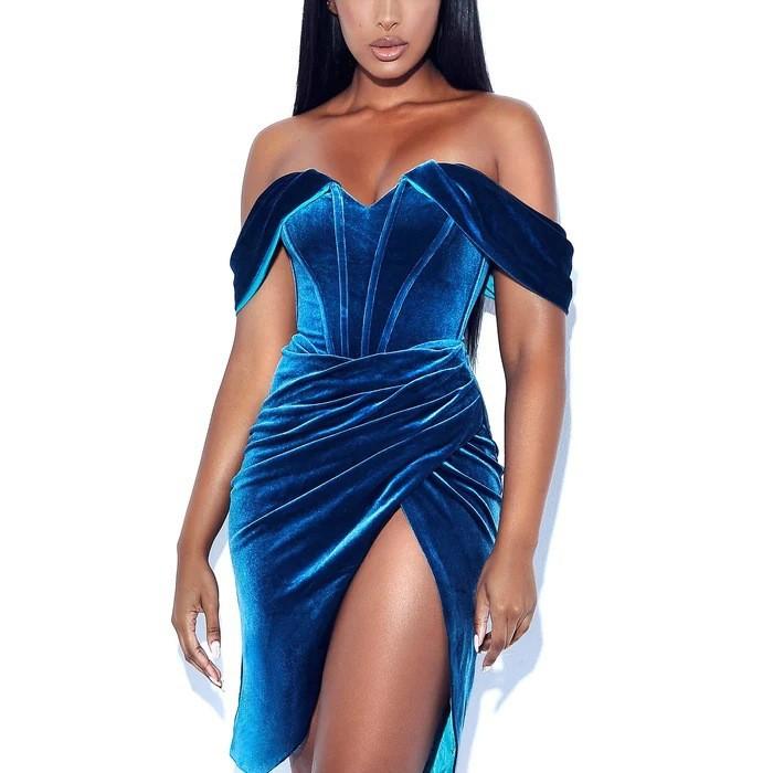 2026 One Shoulder Korean Velvet Fishbone Dress Split Evening Dress Female Spice Girls Fashion Sexy