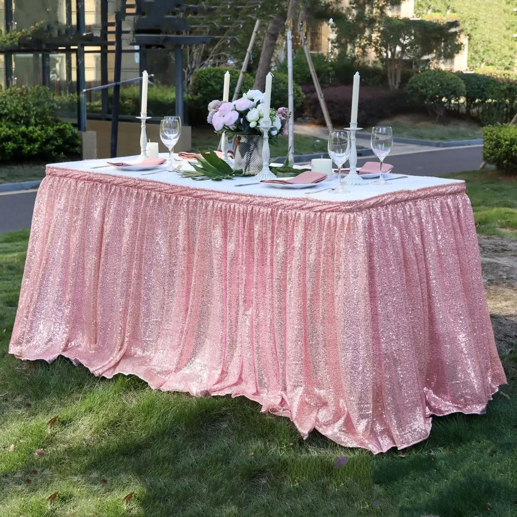Light Gold Sequin Table Skirt Tablecloth Glitter Sparkly Shimmer Rectangle Table Covers for Birthday Party Event Wedding Decor