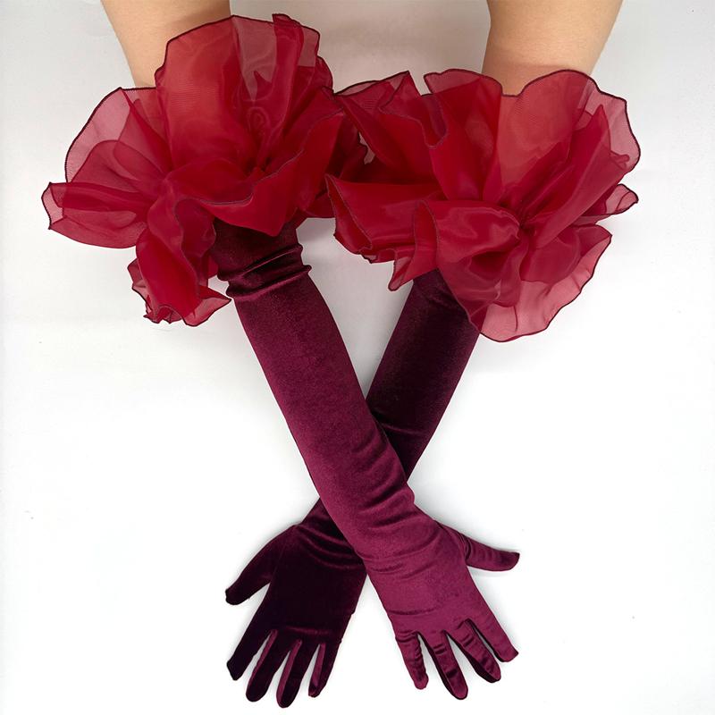 Ladies Velvet Long Gloves Black Ruffles Elastic Wedding Bridal Opera Stage Evening Dress Party Gloves