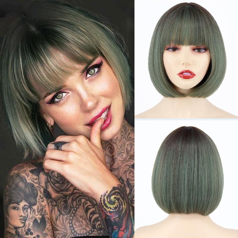 MERISIHAIR Short Bob Wig with Bangs Pure Color Black Brown Wig for Women Synthetic Wigs for Lolita Party Cosplay Daily Use