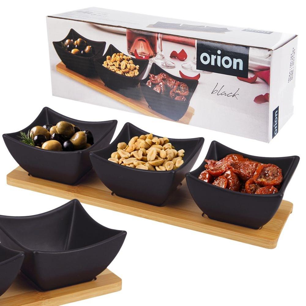 Black Porcelain Serving Bowls with Bamboo Tray 4-Piece Set
