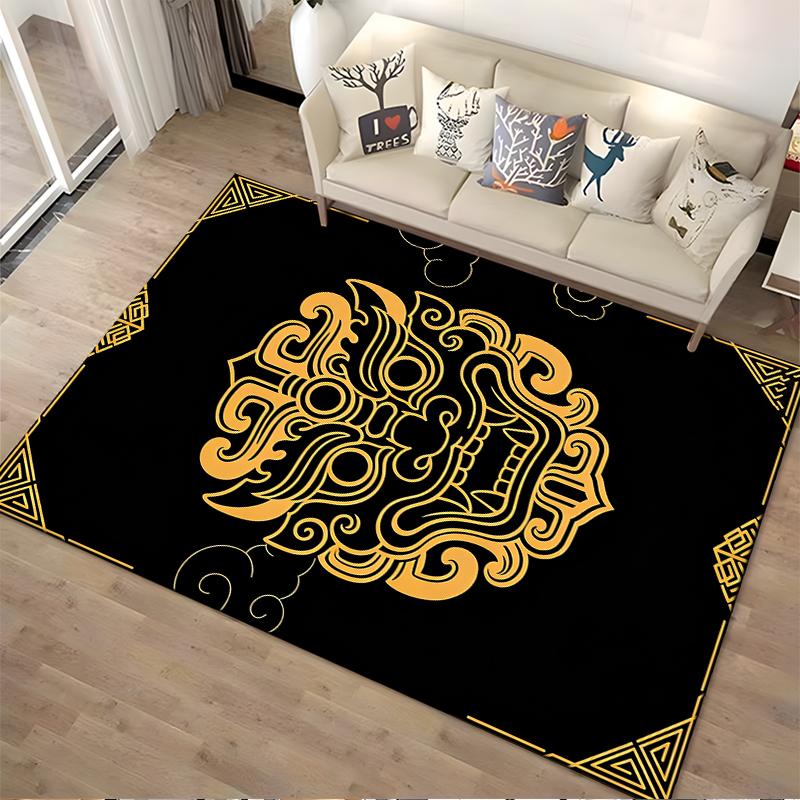 "Black Carpet with Golden Tribal Lion Head Design, Modern Home Decor" Suitable for Use As an Anti-slip for Living Room Bedroom Sofas