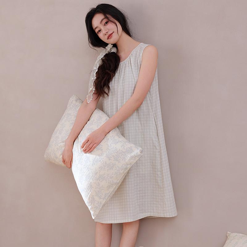 Summer pure cotton sleeveless nightdress women's Japanese plaid loose medium and long casual large size summer can wear home skirt