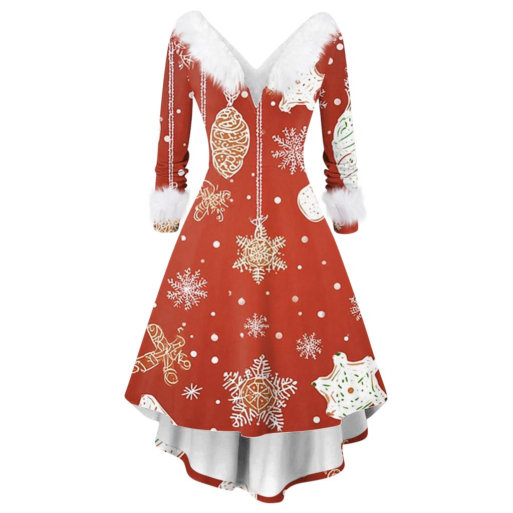 Women's Fashion Elegant Autun And Winter Long Sleeve V-Neck Christmas Print Dress