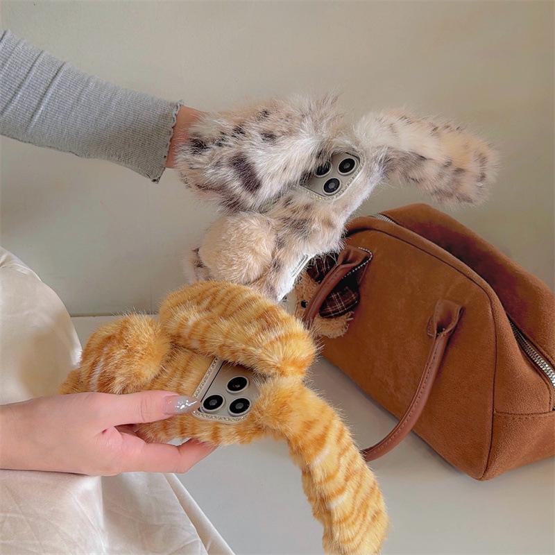 Leopard Print Plush Cat Ear Anti-Drop Phone Case for iPhone 14/13/12/11 PRO/MAX