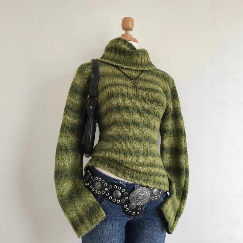 Europäischer und amerikanischer Winter personalisierter gestreifter langärmliger kontrastfarbiger schlankmachender Strickpullover für Damen