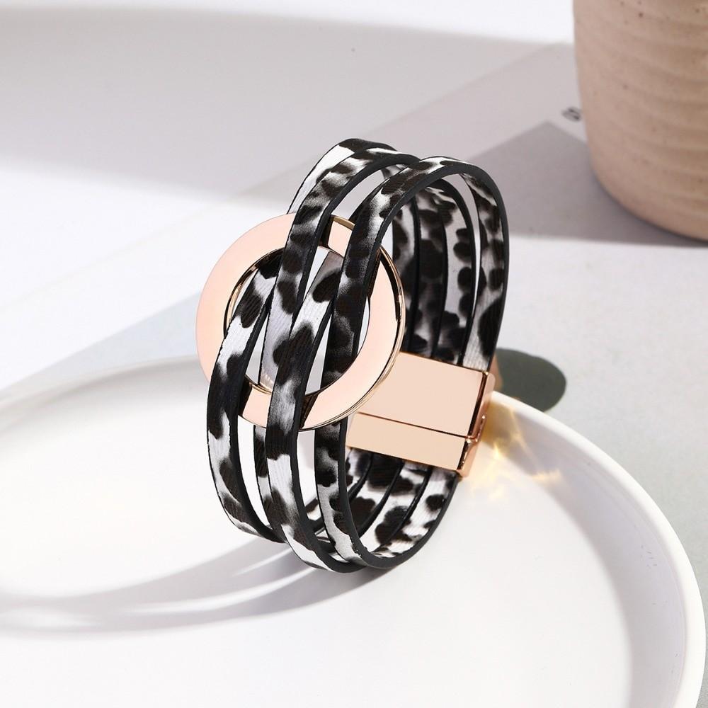 Wide Wrap Leopard Print Leather Bracelets Magnetic Snap Circle Cross Bracelet  for Women