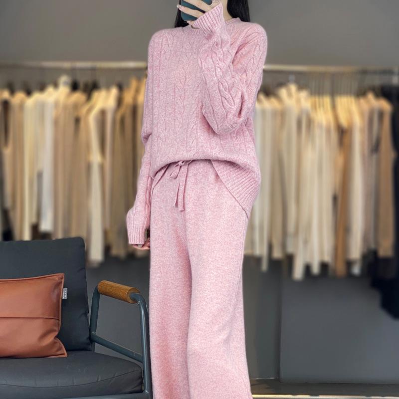 Women's Pure Wool Cable Knit Sweater Set - Autumn/Winter 2025 Trend: Loose, Thick, Round Neck, Long Sleeve.
