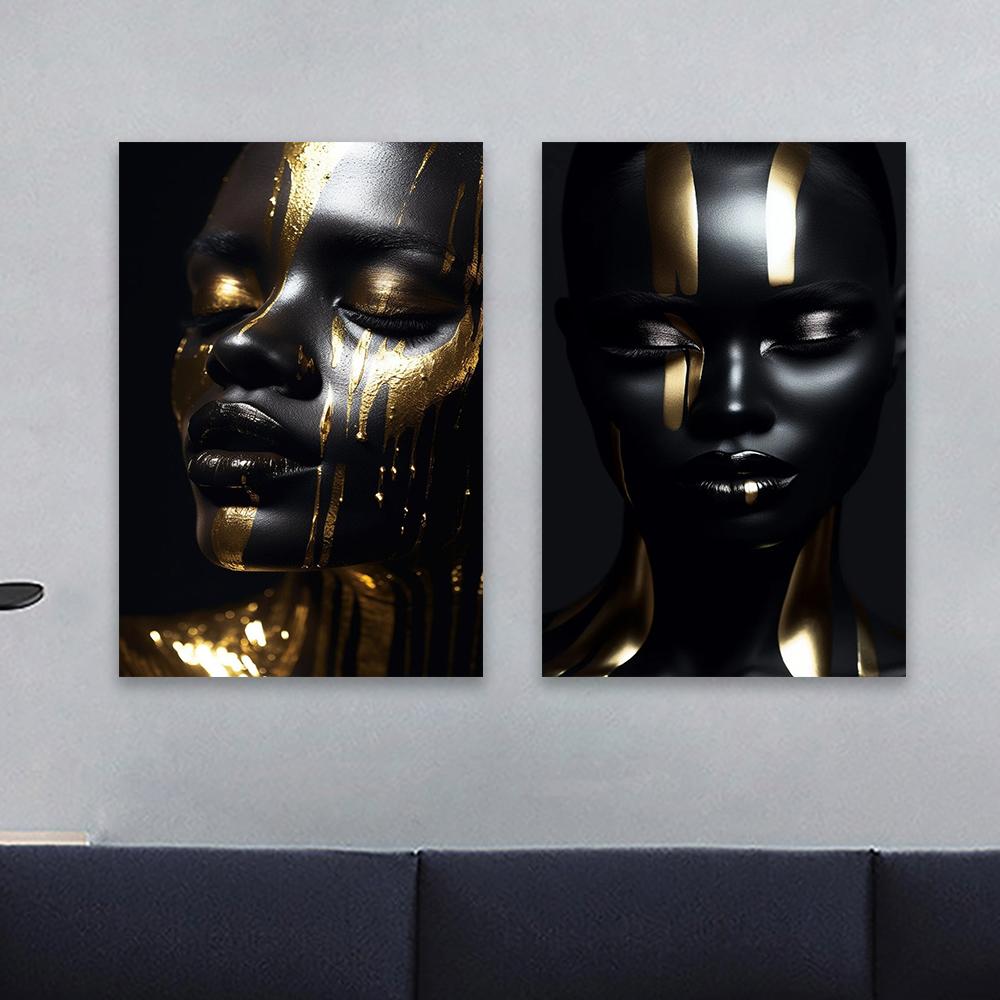 Black Girl Gold Makeup Wall Art Poster Modern Portrait Canvas Painting Elegant Black and Gold Face Art Prints Bedroom Decor