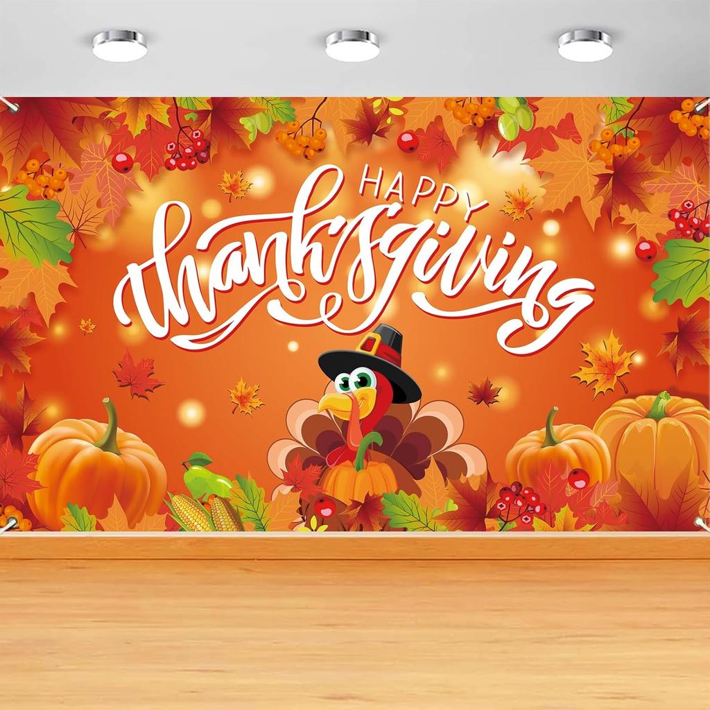 Thanksgiving Backdrop, Large Happy Thanksgiving Banner 72x44 Inch Turkey Maple Leaf Pumpkin Decorations Gifts for Indoor Home Photography Party