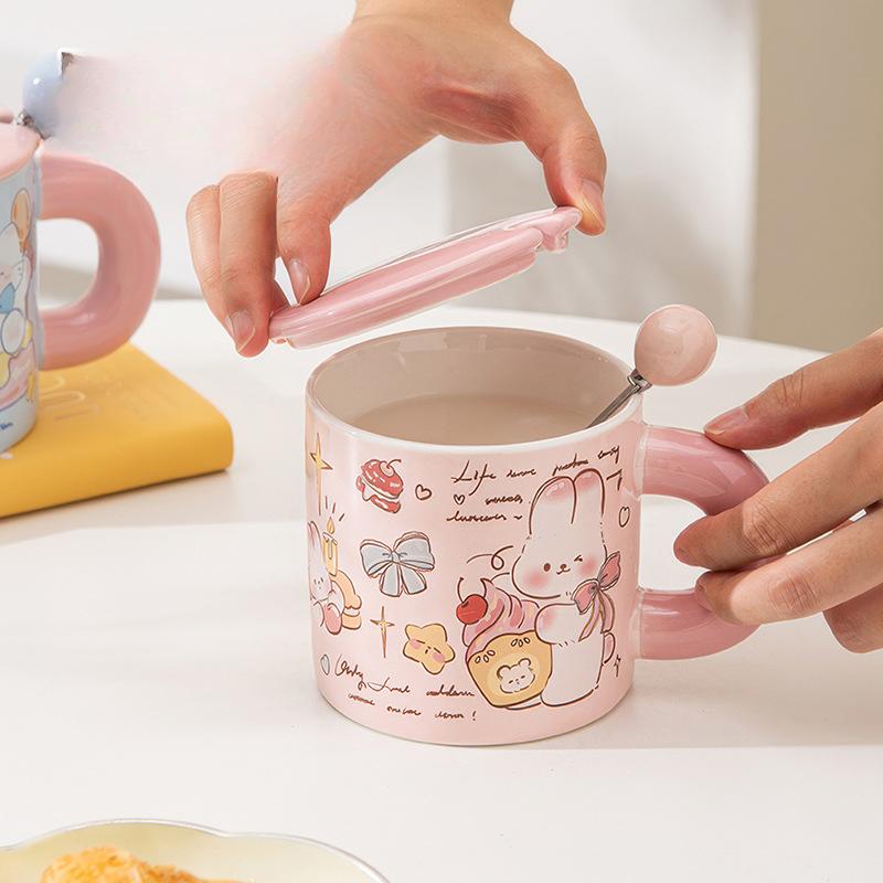 Cartoon Cup with Lid Cute Butter Bear Ceramic Mug with Lid with Spoon Ceramic Cup Water Cup Female Souvenir