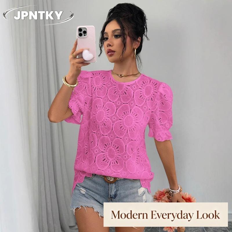 JPNTKY Women's Fashion Casual O-Neck Short Sleeve Blouses & Shirts