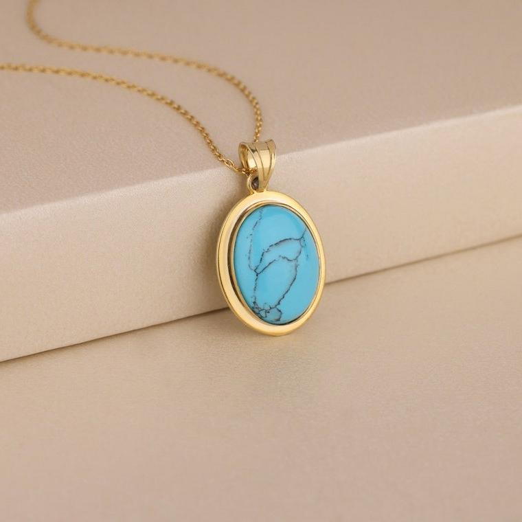 Colier Turcoaz cu Piatră Prețioasă Linie Pentru Femei, Colier cu Pandantiv Auriu sau Argintiu Pentru Femei, Pandantiv Piatră Prețioasă Oval, Cadou Delicat cu Piatra Zodiei