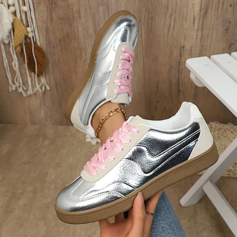 

De Xun Женские новые мягкие кожаные балетки, удобные на шнуровке, универсальные повседневные спортивные кеды 36 серебряный