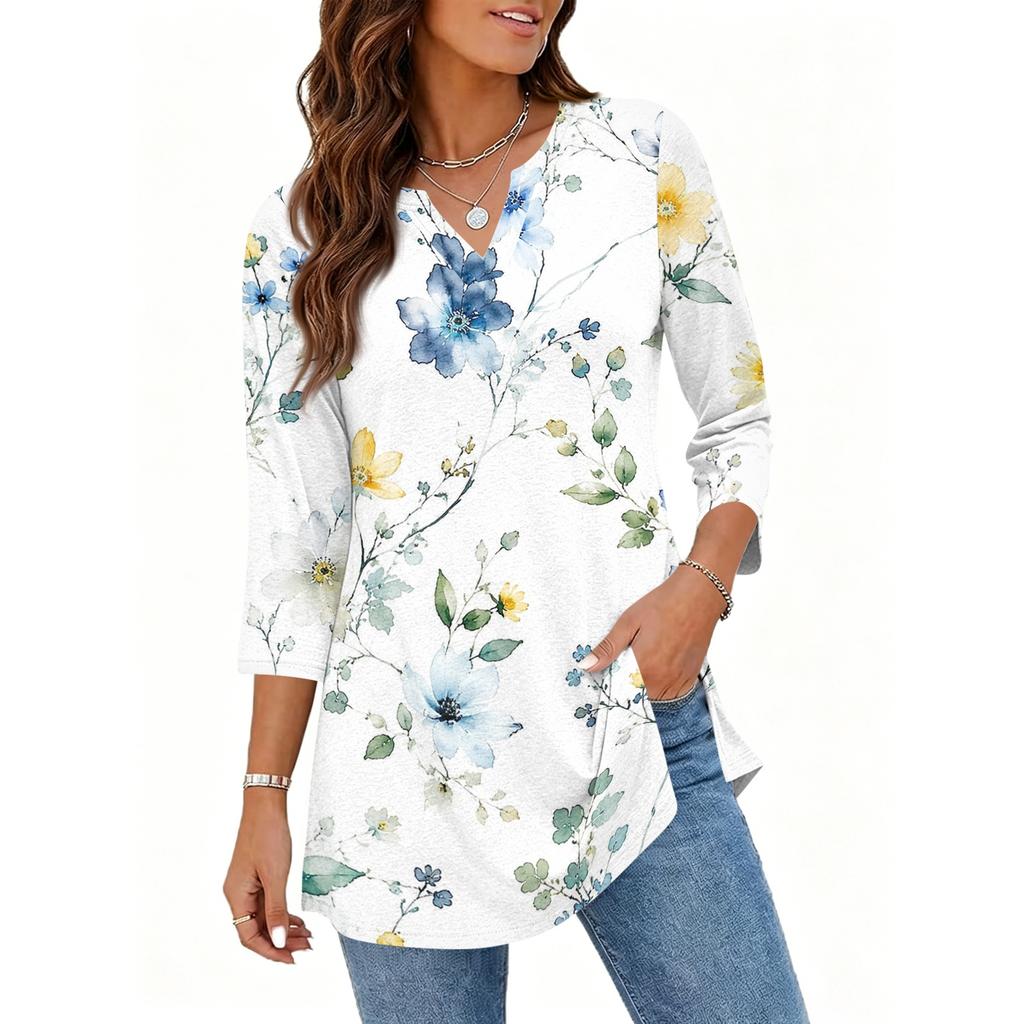 Damen Lässiger V-Ausschnitt 3/4 Ärmel Pullover Tunika Oberteil Blumenmuster Mittellange Bluse Leichte Bequeme Passform