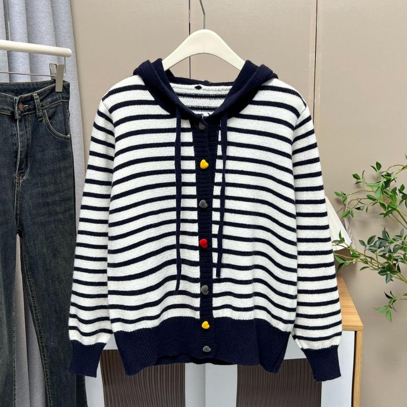 Großformat Damen Gestreifter Herzknopf Kapuzen Strick Cardigan Pullover Mantel