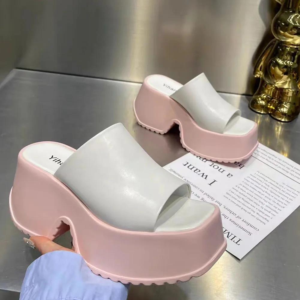 Fashion Punk Chunky Heels Mules Shoes Sandals For Women Rivet Platform Slide Sandals Open Toe Summer Street Goth Shoes Beach Shoes