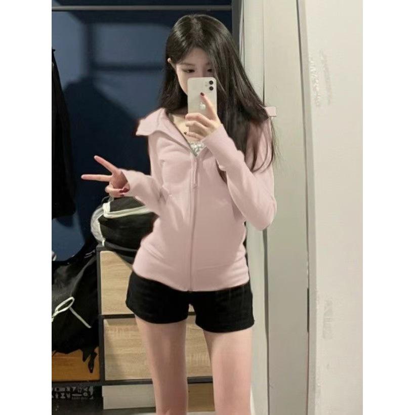 Women's Cotton Blend Fitted Zip-Up Hooded Sweatshirt - Stylish Autumn Cardigan for Yoga & Sports