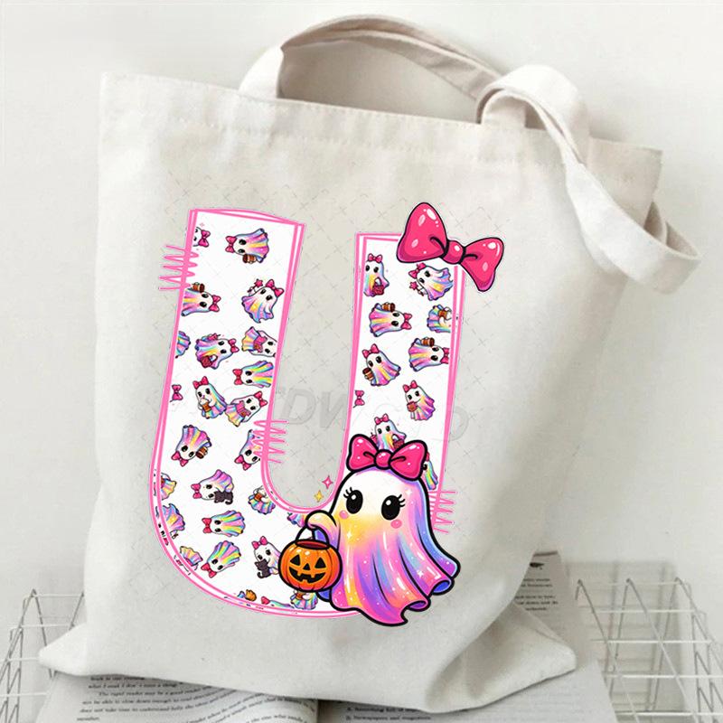 Halloween personalized print student canvas bag tutoring bag 26 letters fashion shoulder bag women large capacity