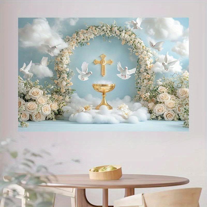 1 2D Banner Golden Chalice White Dove and Floral Arch - Wedding and Party Decoration Suitable for Baptism First Communion