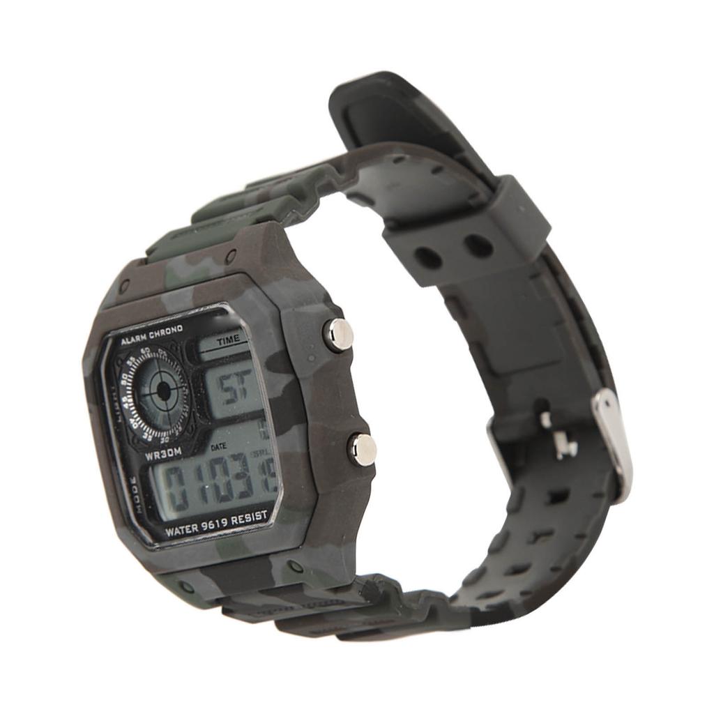 Digital Watch Multi Function Fashion Square Luminous Waterproof Outdoor Sports Chronograph Watch Camouflage Gray