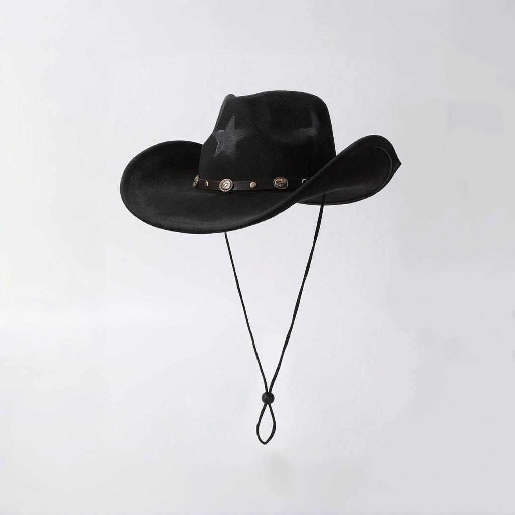 Western Cowboy Hat for Men and Women, Vintage Distressed Five-pointed Star, Faux Suede, Metal Buckle, Wide Brim, Outdoor Riding, Sun Protection