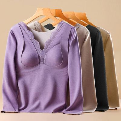 Yousheng Thermal Bottoming Tops with Built-in Chest Pads DE Velvet Double Layer Warmth Long Sleeve Pullover Tops Solid Color Winter Inner Outer Wear