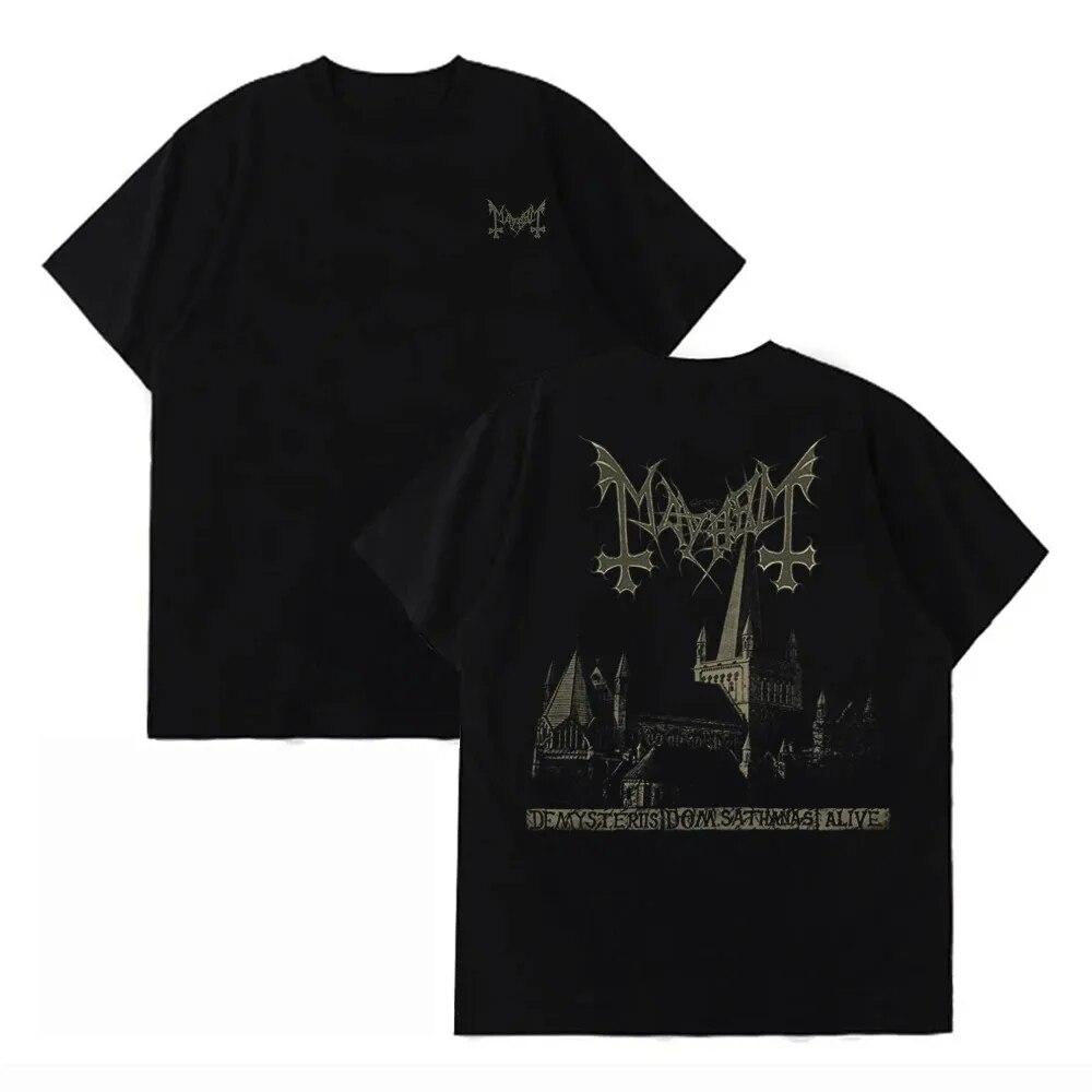 Harajuku Fashion Black Metal Band Mayhem Double Sided Printing Tshirts Unisex Women Short Sleeve Cotton Tees Oversized Streetwear Unisex