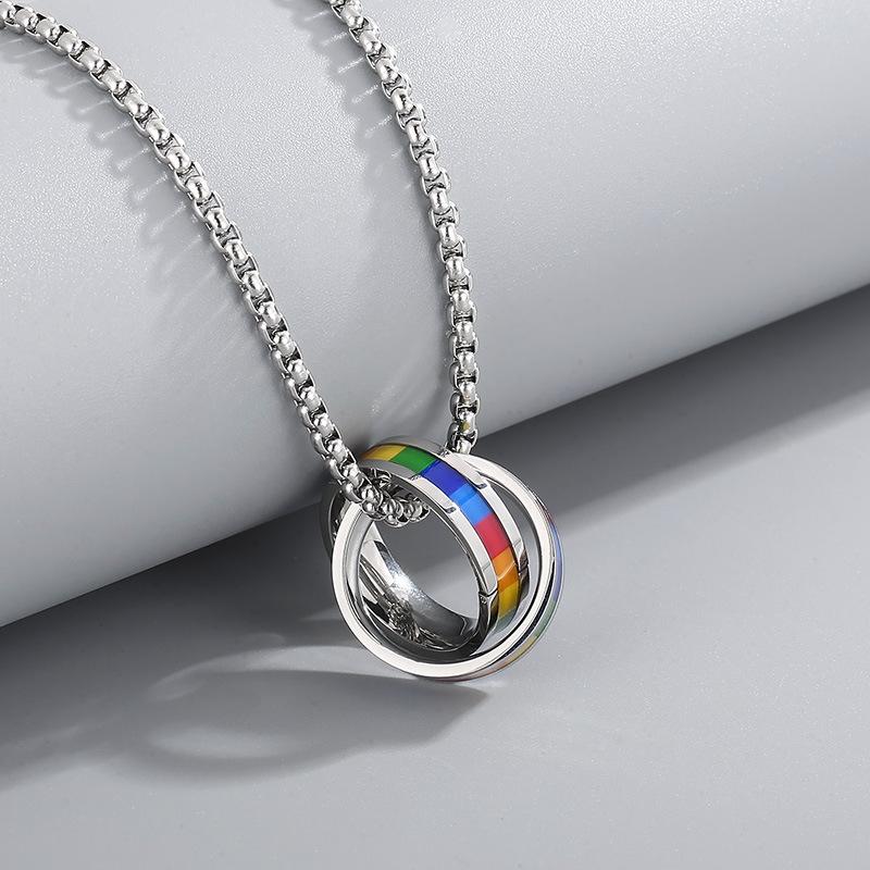 Korean Ins Double Ring Rainbow Pendant Necklace Simple Cool Style Titanium Steel Trendy Brand Men s Couple Accessories