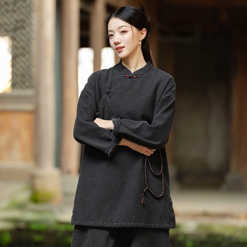 Johnature Women Chinese Style Stand Long Sleeve Plush Warm Winter Solid Color Button Tops